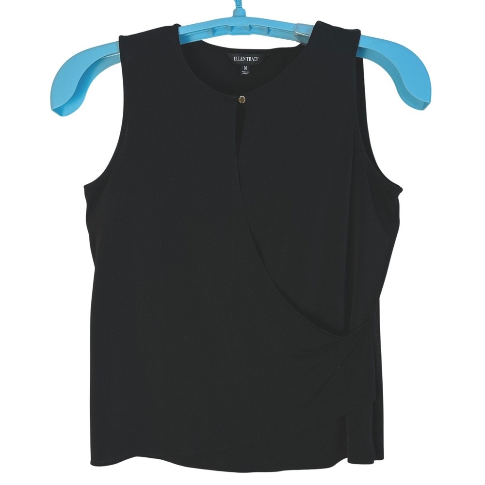 Ellen Tracy Sleeveless Blouse Women Black Keyhole Wrap Front Versatile Chic M